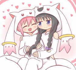 Rule 34 | 2girls, :d, akemi homura, bad id, bad twitter id, black hair, blush, braid, braiding hair, closed eyes, cosplay, hairdressing, heart, hood, hood up, kaname madoka, kigurumi, kyubey, kyubey (cosplay), long hair, looking at another, multiple girls, open mouth, pink hair, purple eyes, reverse (bluefencer), sitting, smile, torn clothes, twin braids, yuri