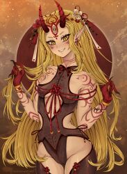 1girl absurdres alternate_costume babiiivamp bare_shoulders blonde_hair breasts facial_mark fate/grand_order fate_(series) forehead_mark highres horns ibaraki_douji_(fate) japanese_clothes long_hair looking_at_viewer oni pointy_ears skin-covered_horns small_breasts smile solo tattoo yellow_eyes