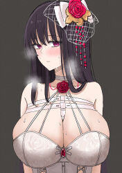 1girl bare_shoulders between_breasts blush breasts bustier chest_harness choker closed_mouth collarbone corset flower goddess_of_victory:_nikke hair_flower hair_ornament harness highres isayshow large_breasts long_hair looking_at_viewer mihara_(bonding_chain)_(pain_eater)_(nikke) mihara_(nikke) red_eyes simple_background skindentation steam strap_between_breasts sweat upper_body