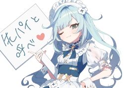1girl :3 ;3 apron bib_collar blue_choker blue_eyes blue_hair blue_ribbon breasts choker closed_mouth commentary_request doyagao faruzan_(genshin_cafe_in_seoul)_(genshin_impact) faruzan_(genshin_impact) frilled_apron frilled_shirt_collar frilled_sleeves frills genshin_impact hand_on_own_hip hand_up heart holding holding_sign long_hair looking_ahead maid maid_apron maid_headdress mochizuki_mochi neck_ribbon official_alternate_costume one_eye_closed puffy_short_sleeves puffy_sleeves ribbon shirt short_sleeves sign simple_background small_breasts smile smug solo translation_request twintails underbust upper_body v-shaped_eyebrows waist_apron white_apron white_background white_shirt white_wrist_cuffs wrist_cuffs