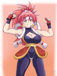 1990s_(style) 1girl absurdres bloodberry breasts cleavage cleavage_cutout clenched_hand clothing_cutout covered_navel earrings gloves grin headband highres jewelry joints large_breasts orange_eyes red_gloves red_hair retro_artstyle robot_joints saber_marionette_j smile solo standing sumoto watermark white_headband