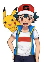 1boy :d ash_ketchum black_hair blue_vest brown_eyes commentary_request gen_1_pokemon hand_on_own_hip hat looking_at_viewer male_focus nintendo open_clothes open_mouth open_vest pikachu pokemon pokemon_(anime) pokemon_(creature) pokemon_journeys red_hat shirt short_hair short_sleeves shorts simple_background smile t-shirt teeth tongue usohajii vest white_background white_shirt