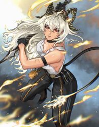 1girl arm_strap black_choker black_gloves black_horns black_pants black_shoes black_tail breasts bright_pupils choker chromatic_aberration commentary curled_horns foot_out_of_frame gloves hair_between_eyes high_heels highres holding holding_sword holding_weapon horns large_breasts looking_at_viewer mims_(ighoxen) pants parted_lips red_eyes shirt shoes solo sword torn_clothes torn_shirt weapon white_pupils white_shirt wuthering_waves zani_(wuthering_waves)