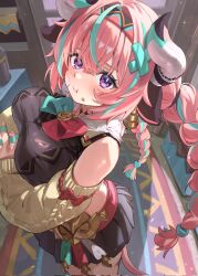 Rule 34 | 1girl, animal ears, aqua bow, aqua bowtie, aqua streaks, bandaid, bandaid on face, black shirt, black skirt, bow, bowtie, braided twintails, breasts, cow ears, cow horns, cow tail, crop top, detached sleeves, ear bell, eating, food, food on face, from side, genshin impact, hairband, highres, horns, kametaro uu, large breasts, light blush, long hair, looking at viewer, miniskirt, pink hair, pleated skirt, purple eyes, red bow, red bowtie, shirt, sidelocks, skirt, solo, tail, two-tone bow, two-tone bowtie, varesa (genshin impact), very long hair, yellow sleeves