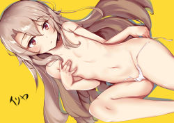 Rule 34 | 1girl, absurdres, breasts, brown hair, closed mouth, covering breasts, covering privates, fate/kaleid liner prisma illya, fate (series), female focus, highres, illyasviel von einzbern, long hair, looking at viewer, lying, navel, on back, panties, pear sauce, red eyes, simple background, small breasts, solo, topless female, underwear, wardrobe malfunction, white panties, yellow background