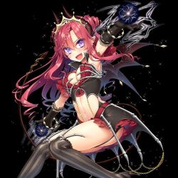 :d armpits ass asymmetrical_legwear bare_shoulders bat_wings belt black_background black_gloves black_skirt blush bracelet braid breasts cleavage cleavage_cutout clothing_cutout crop_top crossed_legs crown demon_girl demon_wings detached_sleeves dress drill_hair elbow_gloves electricity fang frills garter_straps giuniu glint gloves hair_between_eyes hair_ornament holding holding_weapon horns jewelry lace large_breasts long_hair looking_at_viewer lucian_luce magic medium_breasts midriff mini_crown miniskirt mismatched_legwear navel open_mouth outstretched_arm panties pencil_skirt pink_hair pinstripe_pattern pleated_skirt pointy_ears puffy_sleeves purple_eyes simple_background skirt sky sleeveless small_breasts smile solo sparkle star_(sky) stomach tail thighhighs tiara transparent_background twintails uchi_no_hime-sama_ga_ichiban_kawaii underboob underwear v-shaped_eyebrows weapon whip wings