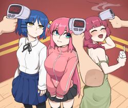 3girls bare_shoulders blue_eyes blue_hair bocchi_the_rock! braid braided_ponytail closed_eyes disembodied_hand dress from_above gotoh_hitori green_dress hair_over_shoulder highres hiroi_kikuri hyyun_ho multiple_girls off_shoulder pantyhose pink_hair red_eyes yamada_ryo yellow_eyes