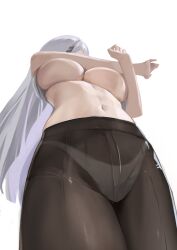 1girl absurdres ak-alfa_(girls&#039;_frontline) black_pantyhose breasts from_below girls&#039;_frontline girls&#039;_frontline_2:_exilium grey_hair highres long_hair navel panties pantyhose simple_background solo tololo_(girls&#039;_frontline_2) underwear white_background white_panties xiao_longxia_mianbao