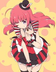 1girl ahoge black_hat blunt_bangs cbgb commentary_request cowboy_shot detached_collar dress hand_on_own_chest hand_up hat hojo_sophy idol_clothes long_hair looking_at_viewer mini_hat mini_top_hat multicolored_dress one_eye_closed pretty_series pripara purple_eyes red_hair smile solo standing thighhighs top_hat wrist_cuffs