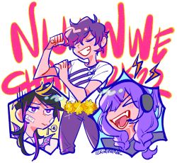 &gt;_&lt; 1girl 2boys :d adapted_costume artist_name bandaid bandaid_on_face belt black_hair black_sweater blonde_hair blouse blush braid buckle championship_belt closed_eyes commentary english_commentary english_text gradient_hair hair_ornament hairclip hand_on_own_arm head_wings headset highres kiwimemer long_hair medium_hair million_dollar_championship multicolored_hair multiple_boys nijisanji nijisanji_en open_mouth pants purple_eyes purple_hair purple_pants selen_tatsuki shirt shu_yamino simple_background smile strap sweater twin_braids twitter_username uki_violeta virtual_youtuber white_background white_shirt wings wwe yellow_belt