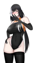 1girl alternate_costume alternate_hair_color bare_shoulders black_gloves black_hair black_leotard black_thighhighs blush breasts closed_mouth covered_navel elbow_gloves feet_out_of_frame finger_to_mouth girls&#039;_frontline gloves hand_on_own_hip heterochromia highres large_breasts leotard long_hair looking_at_viewer multicolored_hair race_queen red_eyes ro635_(girls&#039;_frontline) solo standing streaked_hair swavigg thighhighs thighs white_background yellow_eyes