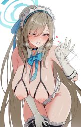 Rule 34 | 1girl, absurdres, apron, asuna (blue archive), bare shoulders, blonde hair, blue archive, blue bow, blue bowtie, blue eyes, blue halo, blush, bow, bowtie, breasts, choker, cleavage, collarbone, detached collar, female pubic hair, frilled apron, frilled thighhighs, frills, gimdeogjun, gloves, groin, hair over one eye, halo, handjob gesture, highres, large breasts, long hair, looking at viewer, maid apron, mole, mole on breast, nipples, pubic hair, smile, solo, thighhighs, thighs, very long hair, white gloves