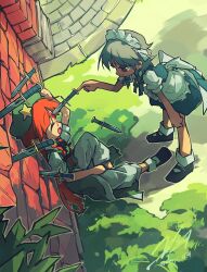 Rule 34 | 2girls, apron, back bow, black bow, black shoes, blood from forehead, blue dress, bow, braid, brick wall, china dress, chinese clothes, closed eyes, closed mouth, doggo 1d34, dress, frilled apron, frills, full body, green dress, green hat, grey hair, hair bow, hat, hat ornament, highres, hong meiling, izayoi sakuya, knife, long hair, looking at another, maid, maid day, maid headdress, mary janes, multiple girls, on floor, open mouth, outdoors, pants, puffy short sleeves, puffy sleeves, red eyes, red hair, shirt, shoes, short sleeves, sidelocks, sitting, socks, standing, star (symbol), star hat ornament, throwing knife, touhou, twin braids, waist apron, weapon, white apron, white bow, white pants, white shirt, white socks