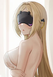 1girl alternate_hairstyle arm_under_breasts back backlighting bare_shoulders blonde_hair blush breasts commentary_request covered_eyes covering_privates eye_mask facing_viewer from_side hair_down hair_intakes highres large_breasts long_hair looking_to_the_side mixed-language_commentary nude_cover paid_reward_available parted_lips selcky sidelocks solo trigger_(zenless_zone_zero) upper_body zenless_zone_zero