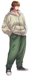 Rule 34 | 1boy, adam&#039;s apple, blue ribbon, brown hair, cheekbones, closed mouth, drawstring, expressionless, facial hair, fate/grand order, fate (series), full body, goatee, green eyes, grey sweater, hands in pockets, hector (fate), highres, hood, hood down, imoda, male focus, mature male, pants, ribbon, shoes, simple background, sneakers, solo, sweater, sweatpants, white background, zipper pull tab