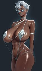 Rule 34 | 1girl, absurdres, arms behind back, bare shoulders, beuto, black background, breasts, choker, collarbone, colored eyelashes, cowboy shot, dark-skinned female, dark skin, highres, huge breasts, looking at viewer, looking over eyewear, original, short hair, silver armlet, silver slingshot swimsuit, simple background, skindentation, slingshot swimsuit, solo, sunglasses, swimsuit, white choker, white eyelashes, white eyes, white eyeshadow, white hair, white lips, white slingshot swimsuit
