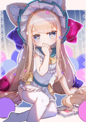+_+ 1girl animal_ear_fluff animal_ears bare_arms blonde_hair blue_bonnet blue_eyes bonnet bow bowtie cat_hair_ornament collared_dress covered_navel covering_own_mouth dress dress_bow flat_chest flower hair_flower hair_ornament highres ikpde long_hair looking_at_viewer no_shoes original outline sitting sleeveless sleeveless_dress solo thighhighs very_long_hair white_dress white_outline white_thighhighs yellow_bow yellow_bowtie