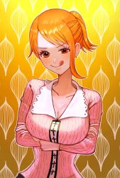 1girl :q absurdres arms_under_breasts blush breasts camisole cardigan cleavage closed_mouth collarbone commentary_request crossed_arms earrings glint gold_earrings gradient_background hair_up highres ino_magari jewelry large_breasts long_sleeves looking_at_viewer nami_(one_piece) official_alternate_costume official_alternate_hairstyle one_piece orange_eyes orange_hair pink_camisole ribbed_cardigan short_hair single_sidelock smile solo tongue tongue_out upper_body