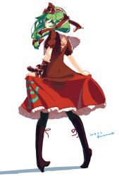 1girl black_thighhighs boots bow clothes_lift dated dress dress_lift frilled_dress frills full_body green_eyes green_hair kagiyama_hina looking_at_viewer red_bow red_dress red_ribbon ribbon solo takuzui thighhighs touhou white_background