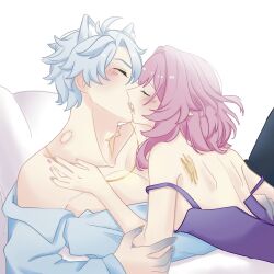 Rule 34 | 1boy, 1girl, alternate costume, animal ears, bite mark, bite mark on neck, blue shirt, breasts, closed eyes, commentary, cyrene (honkai: star rail), english commentary, french kiss, gold tattoo, hetero, highres, honkai: star rail, honkai (series), kiss, large pectorals, neck tattoo, nightgown, pectorals, phainon (honkai: star rail), pink hair, pointy ears, purple nightgown, rincchu, shirt, short hair, tattoo, vampire, werewolf, white background, white hair, wolf ears