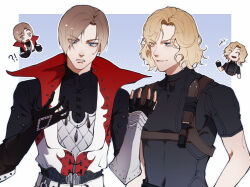 !? 2boys absurdres armor belt black_gloves black_shirt blonde_hair blue_background blue_eyes brown_hair castlevania:_lament_of_innocence castlevania_(series) chibi chibi_inset closed_eyes closed_mouth commentary cosplay costume_switch curtained_hair earrings english_commentary fingerless_gloves fireicers gauntlets gloves harness high_collar highres holster jewelry leon_belmont leon_belmont_(cosplay) leon_s._kennedy leon_s._kennedy_(cosplay) male_focus multiple_boys name_connection open_mouth parted_bangs parted_lips resident_evil resident_evil_4 shirt short_hair short_sleeves single_gauntlet smile sweatdrop upper_body
