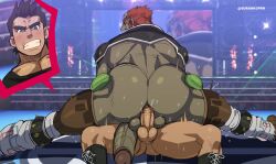 2boys anal artist_name ass bara black_hair blue_eyes blurry blurry_background blush boots boxing_gloves burankoprn ganondorf gloves highres huge_ass huge_penis leather leather_boots little_mac male_focus manly mature_male multiple_boys muscular muscular_male nintendo pectorals penis punch-out!! red_eyes red_hair ring_box short_hair shoulder_pads spiked_hair spiked_legwear super_smash_bros. sweat sweatdrop tank_top testicles the_legend_of_zelda thick_eyebrows thick_thighs thighs twitter_username veins yaoi