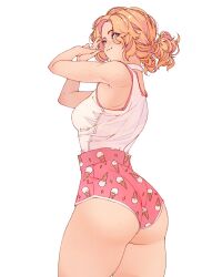 1girl armpits ass blonde_hair blue_eyes blush breasts choker closed_mouth commentary cowboy_shot elliemaplefox food_print from_behind hands_up highres ice_cream_print looking_at_viewer looking_back medium_breasts off_shoulder original own_hands_together pink_shorts ponytail shirt short_shorts shorts simple_background smile solo standing symbol-only_commentary thighs white_background white_choker white_shirt