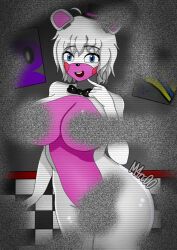 1girl animal_ears animatronic artist_name bear_ears blue_eyes bow breasts censored censored_nipples collarbone colored_skin commentary completely_nude convenient_censoring drawing_(object) english_commentary five_nights_at_freddy&#039;s five_nights_in_anime_(fangame) furry glowing glowing_eyes hat helpy_(fnaf) highres holding huge_breasts large_breasts looking_at_viewer m4rc00 mini_hat nude open_mouth pink_skin poster_(object) shiny_skin short_hair smile solo static teeth top_hat upper_teeth_only white_hair white_skin