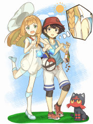 1boy 1girl bag black_pantyhose blonde_hair blue_shirt boots braid cosmog duffel_bag elio_(pokemon) game_freak gen_7_pokemon green_eyes hat highres legendary_pokemon leggings lillie_(pokemon) litten long_hair nintendo numazume pantyhose pantyhose_under_shorts pokemon pokemon_(creature) pokemon_usum see-through_clothes shirt shoes shorts sneakers sun tank_top twin_braids white_shorts you_(pokemon_usum)