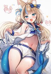 1girl :d ahoge animal_ear_fluff animal_ears bikini bikini_under_clothes bikini_under_shorts blonde_hair blue_bow blue_eyes blue_hair blue_nails blue_sailor_collar bow cat_ears commentary crab dark_skin dress fins fish_girl fish_tail frilled_bikini frilled_shirt_collar frills hair_bow highleg highleg_bikini highres indie_virtual_youtuber kaniki_(sameko_saba) lifebuoy_hair_ornament long_hair looking_at_viewer low_twintails maru_ccy multicolored_hair navel one_side_up open_mouth partially_unbuttoned sailor_collar sameko_saba shorts side-tie_bikini_bottom simple_background skirt_hold sleeveless sleeveless_dress smile solo streaked_hair swimsuit symbol-only_commentary tail twintails very_long_hair virtual_youtuber white_background white_dress white_shorts
