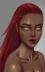 Rule 34 | 1girl, absurdres, artist name, dark-skinned female, dark skin, highres, karui (naruto), lipstick, long hair, looking at viewer, makeup, naruto (series), naruto shippuuden, realistic, red hair, solo, toyachi, yellow eyes