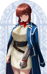 Rule 34 | 1girl, belt, blue coat, blue sash, blunt bangs, blush, bow, breasts, brown belt, brown hair, closed mouth, coat, coat on shoulders, cowboy shot, dress, eyelashes, gauntlets, gold trim, highres, isabeau (megami tensei), lips, long sleeves, looking at viewer, medium breasts, medium hair, mikan zakuro, nail polish, red bow, red eyes, red nails, sash, shin megami tensei, shin megami tensei iv, short dress, sidelocks, solo, white dress