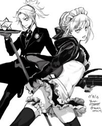 2girls apron artoria_pendragon_(fate) artoria_pendragon_alter_(swimsuit_rider)_(fate) artoria_pendragon_alter_(swimsuit_rider)_(second_ascension)_(fate) bikini black_thighhighs bow breasts commentary curtained_hair dual_wielding english_commentary fate/grand_order fate_(series) formal_clothes frilled_apron frilled_bikini frilled_skirt frilled_thigh_strap frills gloves greyscale hair_bow hair_bun highres holding holding_plate holding_weapon hood hooded_jacket jacket lapels maid maid_bikini maid_headdress miniskirt monochrome mordred_(fate) mordred_(formal_dress)_(fate) multiple_girls navel necktie official_alternate_costume pants peaked_lapels plate ponytail short_hair simple_background single_hair_bun sketch skirt small_breasts smile stomach suit swimsuit thigh_strap thighhighs toboso_yana unconventional_maid underboob v-shaped_eyebrows waist_apron weapon white_background