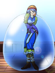 1girl bandana blue_eyes blue_hair closed_mouth daikinbakuju dress full_body long_hair luna_noah lunar:_the_silver_star mixed-language_commentary one_eye_closed ponytail restrained solo standing