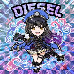 Rule 34 | 1girl, blue headwear, blue jacket, brown eyes, brown hair, character name, chibi, diesel (nikke), goddess of victory: nikke, hair between eyes, hat, jacket, kanchiyo, long hair, military hat, military jacket, military uniform, open clothes, open jacket, peaked cap, sidelocks, solo