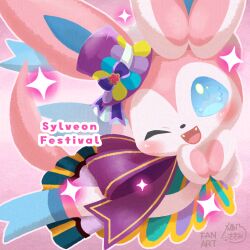 Rule 34 | ;d, absurdres, blue eyes, character name, clothed pokemon, commentary request, fangs, gen 6 pokemon, happy, hat, highres, nintendo, no humans, official alternate costume, one eye closed, open mouth, pokemon, pokemon (creature), pokemon cafe remix, pokemon focus, purple hat, sasami 642, signature, smile, solo, sparkle, sylveon, tongue