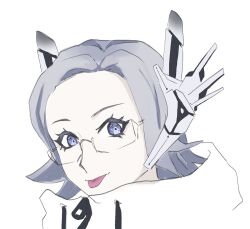 1boy aotsuki_eito blue_eyes eyelashes glasses headgear highres looking_at_viewer male_focus parted_hair smile solo solo_focus the_hundred_line_-last_defense_academy- tongue tongue_out upper_body white_hair white_headgear zipper zipper_pull_tab