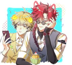 2boys animal_ears antenna_hair badge black_hair black_shirt blonde_hair bracelet braid braided_ponytail button_badge cellphone cherry chinese_commentary chinese_knot collared_shirt food fruit grey_vest hand_on_own_cheek hand_on_own_face hand_up head_rest highres holding holding_phone jewelry long_hair long_sleeves looking_at_phone looking_at_viewer male_focus multicolored_hair multiple_boys necklace official_alternate_costume phone pompompurin pudding red_eyes red_hair sanrio shiguang_dailiren shirt short_hair single_braid sleeves_past_wrists smartphone smile sparkle sunglasses tassel upper_body vest white_shirt xia_fei xiao_weiying yaoi yellow_eyes yellow_vest yishengys