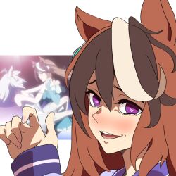 Rule 34 | 2girls, animal ears, brown hair, commentary request, crazy eyes, crazy smile, derivative work, don&#039;t bully suzuka, furrowed brow, hand up, heart, heart-shaped pupils, holding hands, horse ears, horse girl, ice skating, multicolored hair, multiple girls, oguri cap (umamusume), portrait, purple eyes, purple shirt, scene reference, school uniform, screenshot inset, screenshot redraw, shaded face, shirt, skating, smile, streaked hair, symbol-shaped pupils, symboli rudolf (umamusume), tracen school uniform, umamusume, umamusume: cinderella gray, white hair, winter uniform, yuri