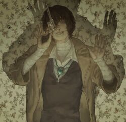 1boy bandages black_hair blood blood_on_face bungou_stray_dogs coat commentary dazai_osamu_(bungou_stray_dogs) english_commentary gun hair_between_eyes highres holding holding_gun holding_weapon looking_at_viewer male_focus shadow short_hair solo sonaireeart upper_body weapon