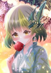 1girl absurdres aerial_fireworks aqua_hair breasts colored_inner_hair dragon_musume_ni_naritakunai! duel_masters earrings fireworks food gradient_background green_hair hair_ornament highres holding_candy_apple japanese_clothes jewelry kimono large_breasts light_blush looking_at_viewer masanohe_(etoileair) medium_hair multicolored_hair nagareboshi_asche print_kimono signature solo upper_body yellow_eyes