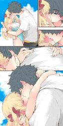 1boy 1girl azumi_(myameco) black_hair blonde_hair blue_sky cloud day ereshkigal_(fate) fate/grand_order fate_(series) fujimaru_ritsuka_(male) hetero kiss long_hair one-piece_swimsuit outdoors short_hair sky space_ereshkigal_(fate) space_ereshkigal_(first_ascension)_(fate) swimsuit