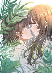 2girls absurdres blush bow bowtie brown_hair collared_shirt commentary_request from_side green_bow green_bowtie highres imminent_kiss leaf long_hair multiple_girls original rococomm123 school_uniform shirt short_hair upper_body white_background yuri