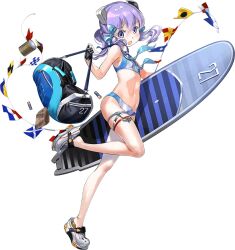 1girl bag bikini blue_bikini blue_eyes breasts crocs full_body hair_ribbon headgear kantai_collection langley_(kancolle) langley_(swimsuit)_(kancolle) looking_at_viewer medium_hair naval_flag official_alternate_costume official_art open_clothes purple_hair ribbon shoes simple_background small_breasts solo swimsuit third-party_source translation_request transparent_background white_shoes zeco