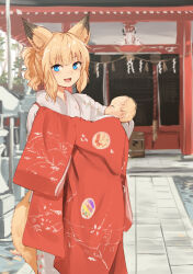 1boy 1girl animal_ear_fluff animal_ears architecture baby batta_(kanzume_quality) blonde_hair blue_eyes carrying carrying_baby carrying_person commentary_request east_asian_architecture facing_viewer floral_print fox_ears fox_girl fox_son_(batta_(kanzume_quality)) fox_tail fox_wife_(batta_(kanzume_quality)) japanese_clothes kimono kitsune_no_oyome-chan kitsune_no_oyome-chan_to_musuko-chan kouhaku_nawa looking_at_viewer mother_and_son open_mouth outdoors paid_reward_available ponytail red_kimono rope shimenawa shrine sidelocks stone_walkway tail white_kimono