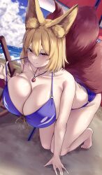 Rule 34 | 1girl, absurdres, all fours, animal ears, beach, beach umbrella, bikini, bikini pull, blonde hair, blue bikini, blue sky, blush, breasts, closed mouth, clothes pull, cloud, fox ears, fox girl, fox tail, hair between eyes, highres, huge breasts, jewelry, looking at viewer, medium hair, mirufi (milfiiiiyu), multiple tails, necklace, ocean, sky, smile, solo, swimsuit, tail, touhou, umbrella, yakumo ran, yellow eyes