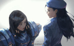 2girls aged_down ana_(overwatch) armor beret black_hair captain_amari copyright_name dark-skinned_female dark_skin hat logo mother_and_daughter multiple_girls overwatch overwatch_1 pharah_(overwatch) power_armor smile time_paradox wlop