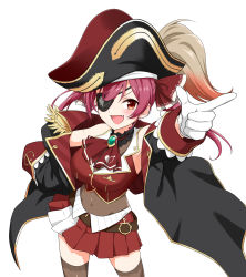 1girl :d absurdres ascot belt bicorne black_coat black_hat breasts brooch brown_belt brown_thighhighs cleavage coat cropped_jacket eyepatch fang felutiahime frilled_shirt_collar frills gloves gold_trim hair_ribbon hand_on_own_hip hat highres hololive houshou_marine jacket jewelry lace lace-trimmed_legwear lace_trim large_breasts leather_belt leotard leotard_under_clothes long_hair miniskirt off_shoulder open_mouth pirate pirate_hat pleated_skirt pointing red_ascot red_eyes red_hair red_jacket red_ribbon red_skirt ribbon see-through_clothes see-through_cleavage see-through_legwear see-through_leotard simple_background skirt sleeveless sleeveless_jacket smile solo thighhighs twintails virtual_youtuber white_background white_gloves zettai_ryouiki