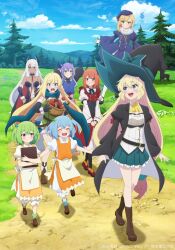 6+girls ahoge aizawa_azusa apron beelzebub_(slime_taoshite_300_nen) blonde_hair blue_eyes blue_hair blue_sky blush book boots closed_eyes closed_mouth cloud day demon_girl demon_horns elf falfa_(slime_taoshite_300_nen) flatorte_(slime_taoshite_300_nen) floating full_body grass green_hair halkara_(slime_taoshite_300_nen) hat highres holding holding_book horns hugging_book hugging_object key_visual laika_(slime_taoshite_300_nen) long_hair long_sleeves looking_at_another mother_and_daughter mountainous_horizon multiple_girls official_art open_mouth outdoors outstretched_arms pointy_ears promotional_art red_eyes red_hair rosalie_(slime_taoshite_300_nen) shalsha_(slime_taoshite_300_nen) short_hair siblings sisters skirt sky slime_taoshite_300_nen_shiranai_uchi_ni_level_max_ni_nattemashita smile spread_arms tree twins walking white_hair witch_hat