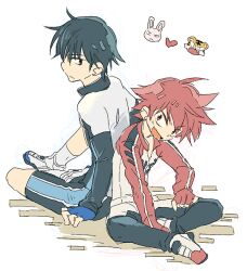 2boys :d ahoge back-to-back between_legs bike_jersey bike_shorts black_eyes black_hair blush cycling_uniform expressionless fang fingerless_gloves full_body gloves hand_between_legs hand_on_own_thigh heart high_collar imaizumi_shunsuke inoue_(hiryu) knee_up leaning_forward leggings_under_shorts long_sleeves looking_at_another looking_back male_focus multiple_boys naruko_shoukichi open_mouth partially_unzipped rabbit red_eyes red_hair shoes short_hair simple_background sitting sketch skin_fang smile sneakers spiked_hair sportswear swept_bangs tiger v-shaped_eyebrows white_background wispy_bangs yowamushi_pedal